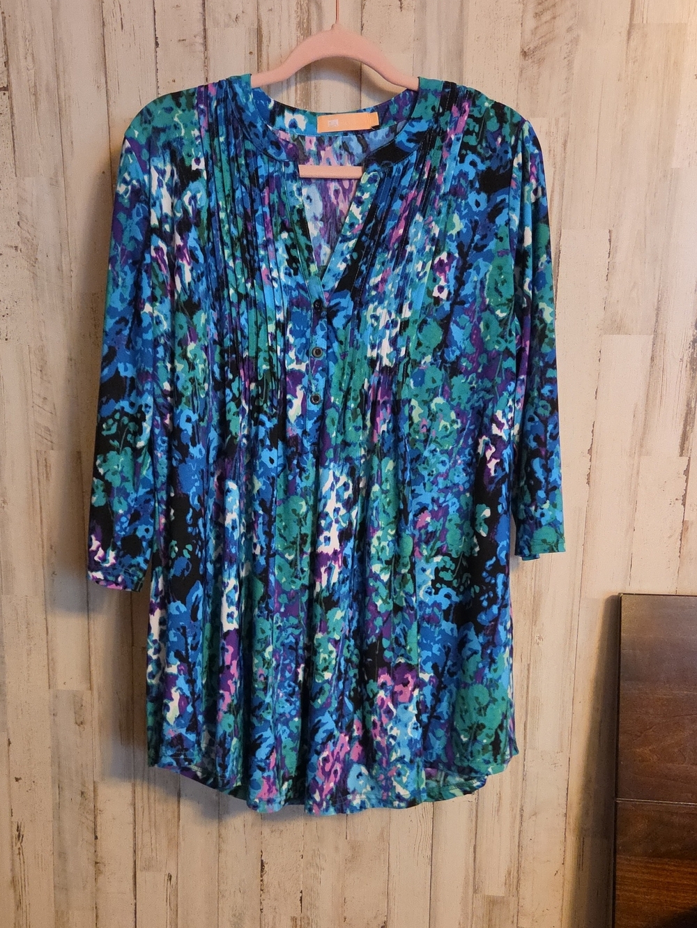 Blue Floral Pintuck V-Neck Tunic - Women's